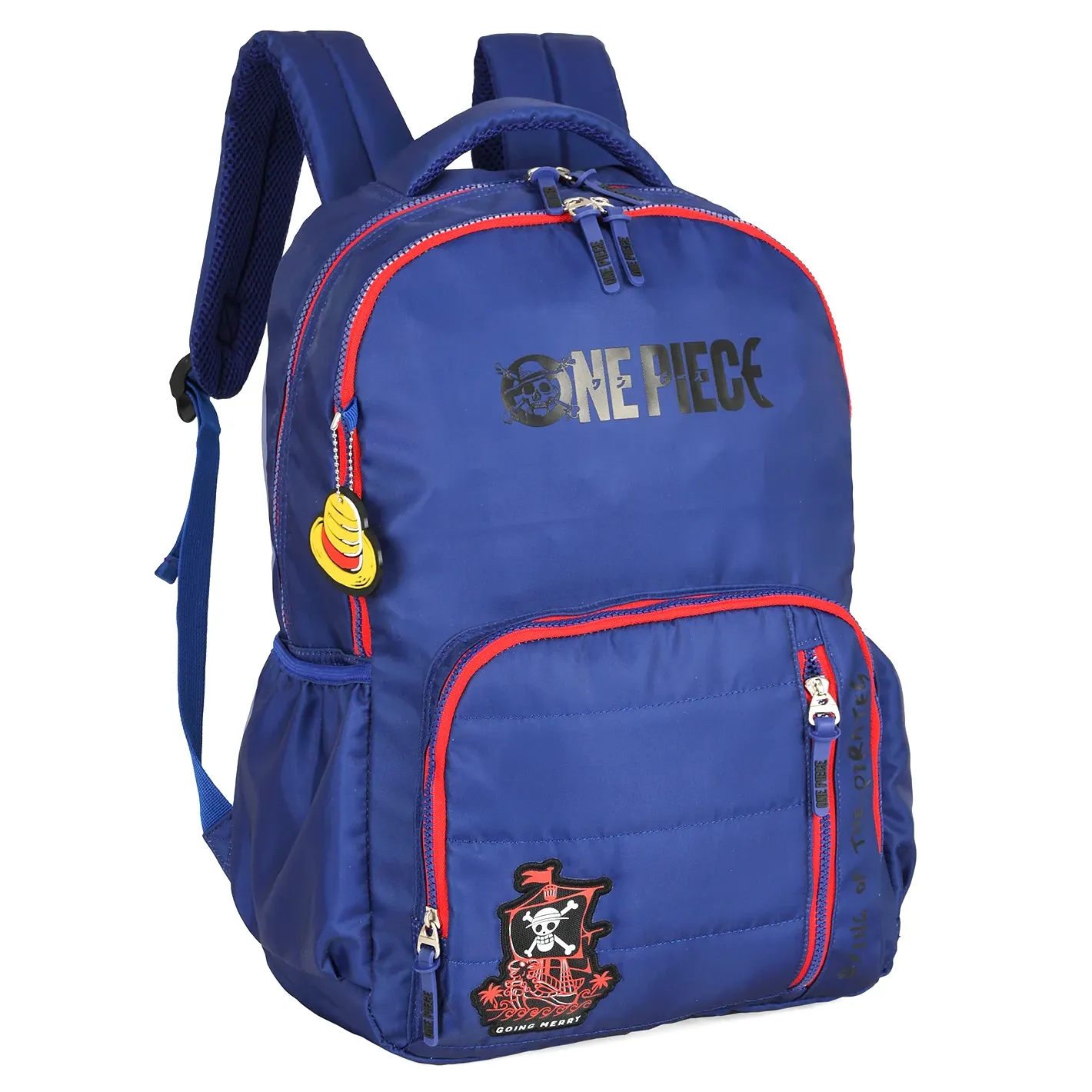 Vista lateral da mochila infantil Luxcel azul com estampa One Piece